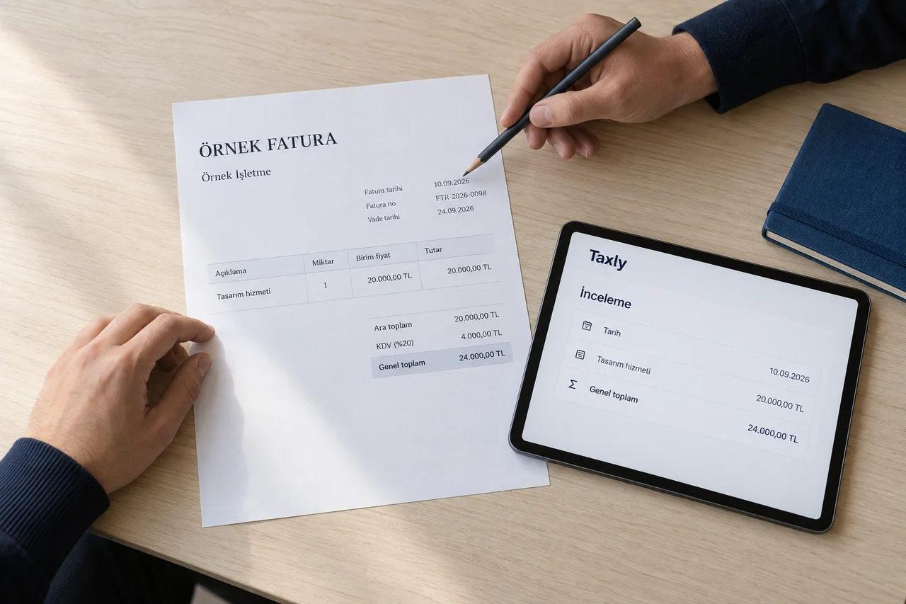 Zwei Personen prüfen Rechnungsangaben neben einer Taxly-Beispielansicht auf einem Tablet. Generiertes Werbebild.